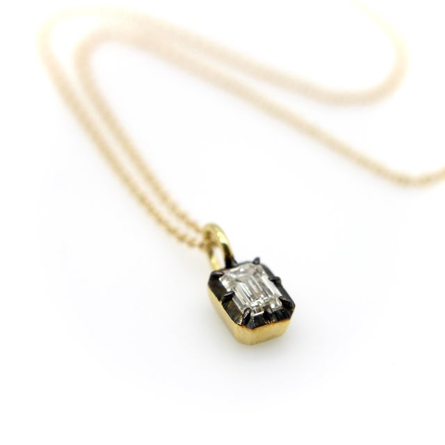 18k Gold 1/2 Carat Emerald Cut Diamond in Collet Setting With Black Rhodium Necklace For Sale In Los Angeles - Image 6 of 12