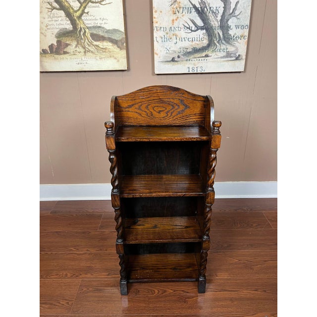 Wood Petite Antique English Bookcase Bookshelf Barley Twist Tiger Oak Display C1920 For Sale - Image 7 of 18