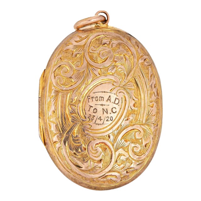 Vintage Art Deco Locket 9k Yellow Gold Chester Hallmarks Pendant Etched Flowers For Sale