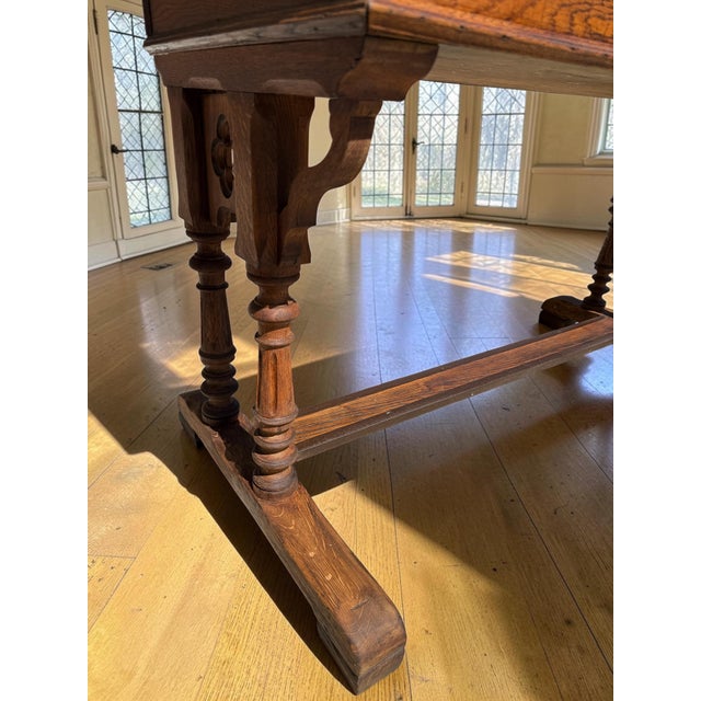 Wood Antique English Slant-Top Gothic Revival Oak Double School Desk For Sale - Image 7 of 10