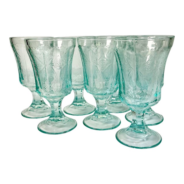 1970s Vintage Victorian Boho Chic Indiana Glass Co. Recollection Goblets - Set of 7 For Sale