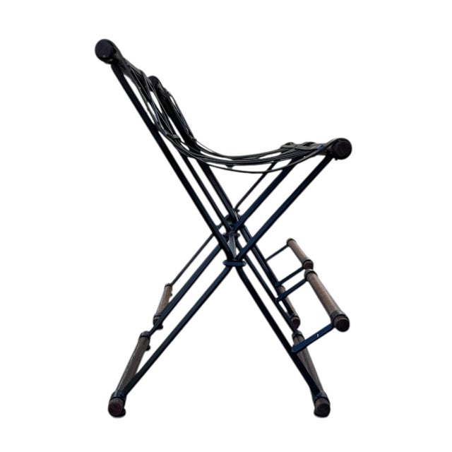 Mid 20th Century Pair of Campaign "X" Wrought Iron and Oak Bar Stools After Cleo Baldon by Continental Metal Furniture Co For Sale - Image 11 of 13