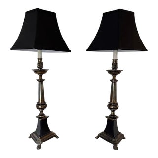 Vintage 1960s Stiffel Neoclassical Style Bronze and Black Enamel Table Lamps - A Pair For Sale