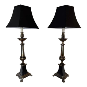 Vintage 1960s Stiffel Neoclassical Style Bronze and Black Enamel Table Lamps - A Pair