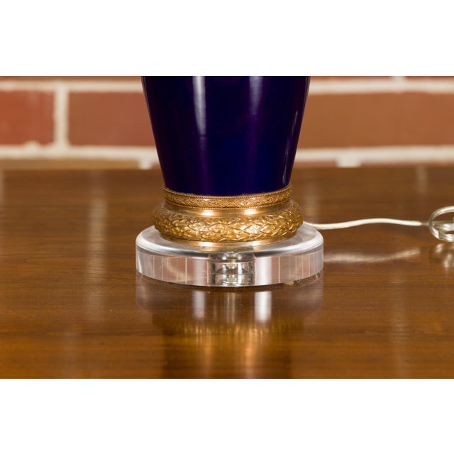 French 19th Century French Blue Cobalt Vase Made into a Table Lamp on Lucite For Sale - Image 3 of 12