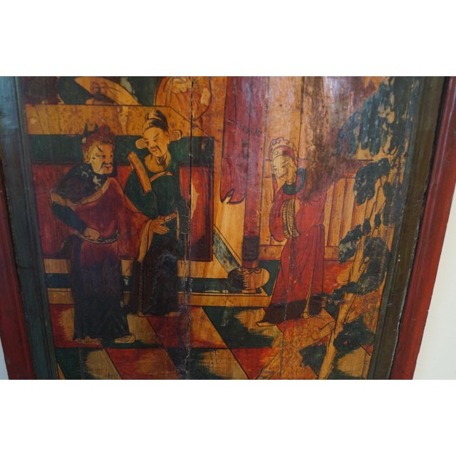 Antique Chinese Hand Painted Elm Wood Wall Panel For Sale - Image 9 of 9