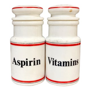 Vintage Red & White Ceramic Apothecary Jars, Aspirin & Vitamins, Pair For Sale