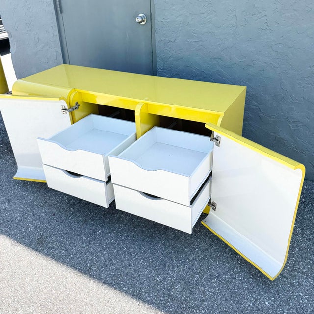 Wood Postmodern Yellow Gloss Laminate Waterfall Dresser For Sale - Image 7 of 11