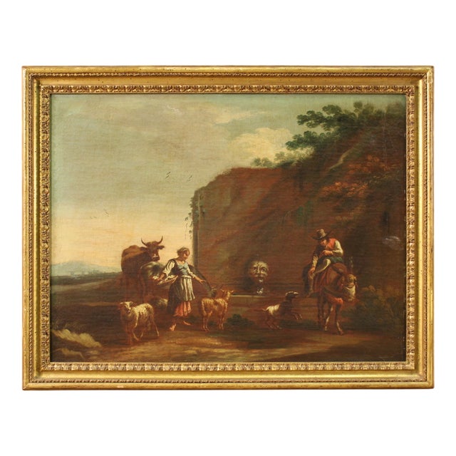 Bucolic Landscape Painting with Figures, Pastoral Scene, 1680, Oil on Canvas For Sale