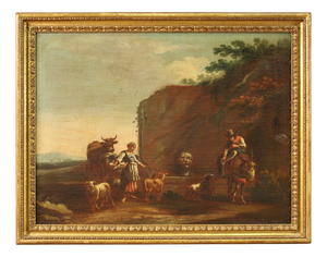 Bucolic Landscape Painting with Figures, Pastoral Scene, 1680, Oil on Canvas