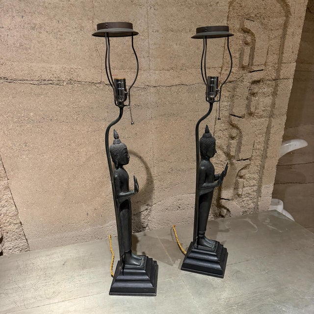 Antique Thai/Khmer-Style Bronze Standing Buddha Table Lamps Hollywood Regency For Sale - Image 18 of 18
