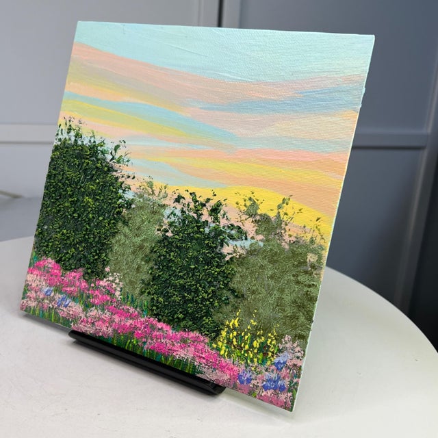 2020s Morning Meadow Acrylic Painting Sunrise Landscape 8"x8" Original Signed Artwork For Sale - Image 5 of 7