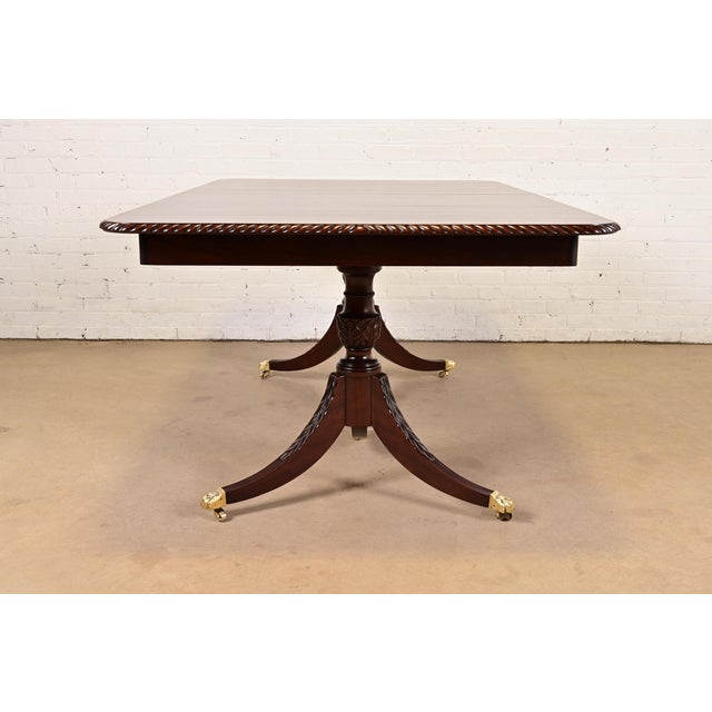 Baker Furniture Style Georgian Mahogany Double Pedestal Extension Dining Table, Newly Refinished For Sale - Image 14 of 15