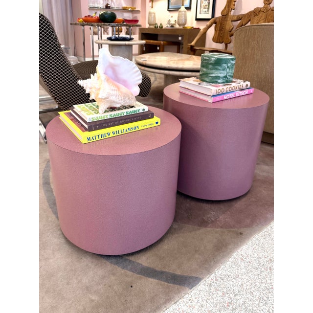 Mauve Pair of Vintage 1980’s Rolling Mauve Laminate Drum Side Tables For Sale - Image 8 of 8