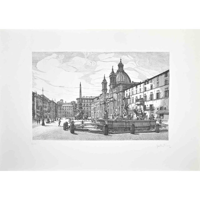 Modern Giuseppe Malandrino, View of Piazza Navona, Etching, 1970s For Sale - Image 3 of 3