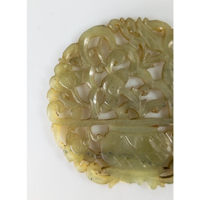 19th Century Chinese Carved Dark Celadon Green Jade Pendant Plaque For Sale - Image 4 of 12