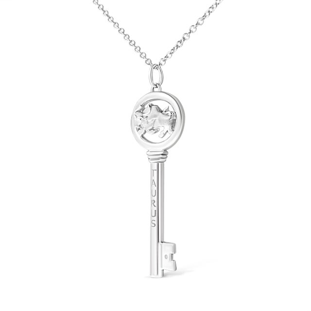 Contemporary .925 Sterling Silver Diamond Accent Taurus Zodiac Key 18" Pendant Necklace For Sale - Image 3 of 6