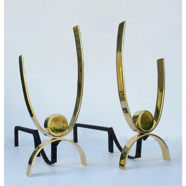 C.1950's-60's Mid-Century Original Donald Deskey Polished Brass & Iron Andirons -A Pair For Sale In West Palm - Image 6 of 18
