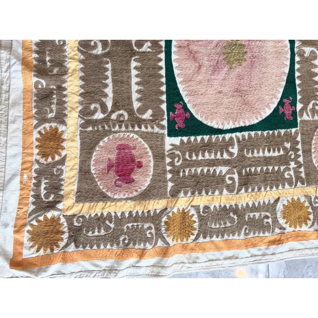 Mid-Century Modern Suzani Tribal Textile - Neutral Tan Samarkand Embroidery For Sale - Image 3 of 7