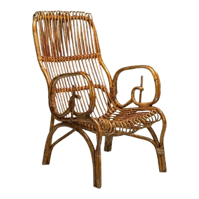 Italian Mid-Century Modern, Armchair, Rattan, Cane, Bamboo, Italy, 1960s For Sale
