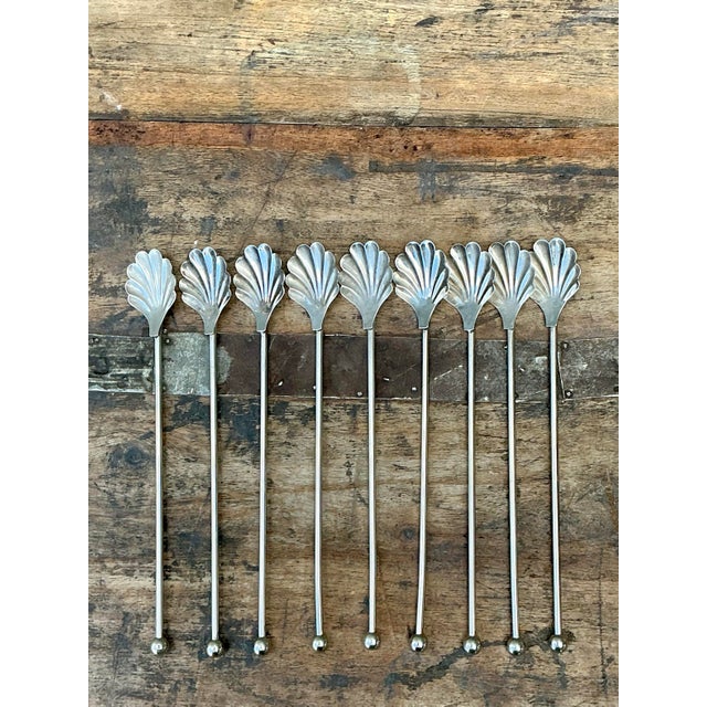 Silver Vintage Clamshell Iced Tea Spoons - Set of 9 For Sale - Image 8 of 12