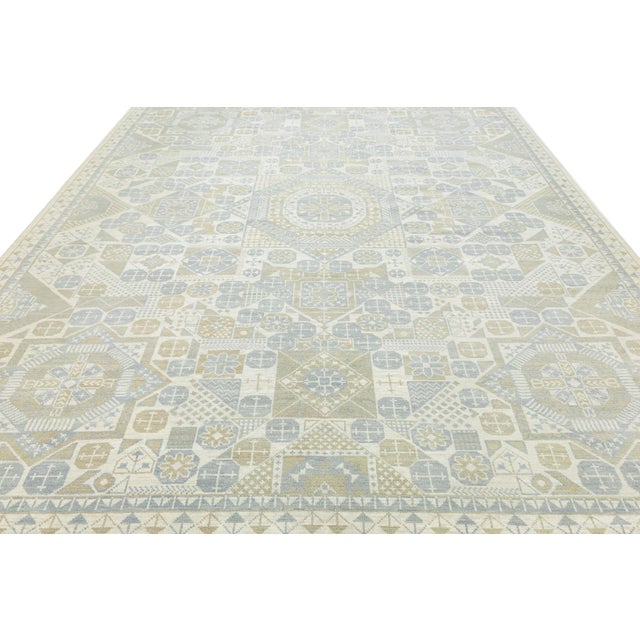 Modern Modern Geometric Khotan Style Hand-Knotted Wool Area Rug - Muted Sage & Sand For Sale - Image 3 of 10