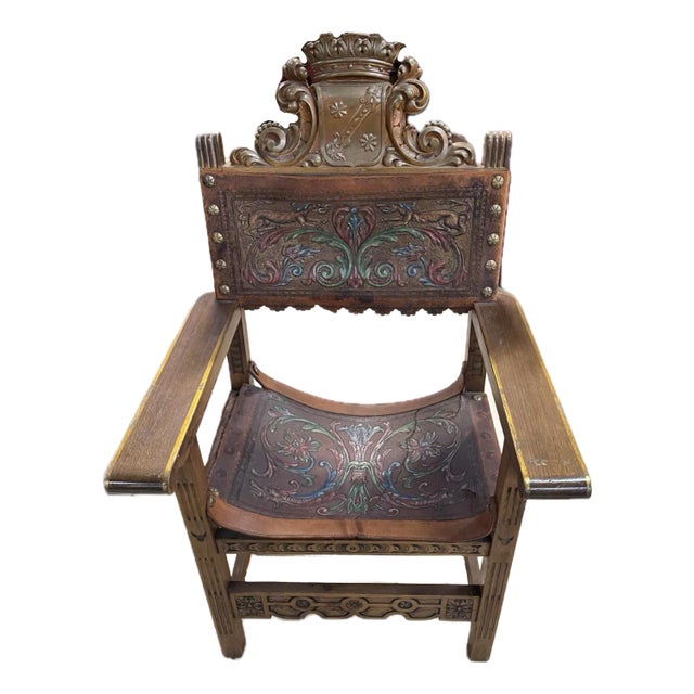 Early 20th Century Spanish Revival Leather Throne Chair For Sale