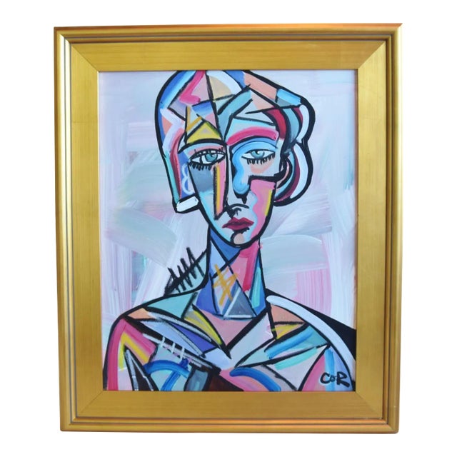 Contemporary Modern Listed Artist Cubism Portrait Oil Painting Including the Antiqued Gold Wood Frame For Sale