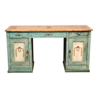 Antique Rustic Pine European Desk With Old Paint and Natural Top For Sale