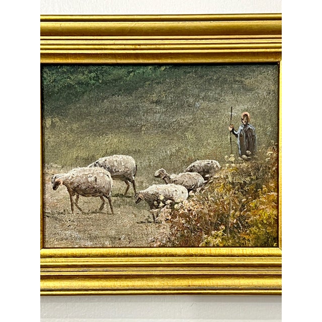 Wood Vintage Mini Selection Painting of Shepherdess and Sheep For Sale - Image 7 of 11