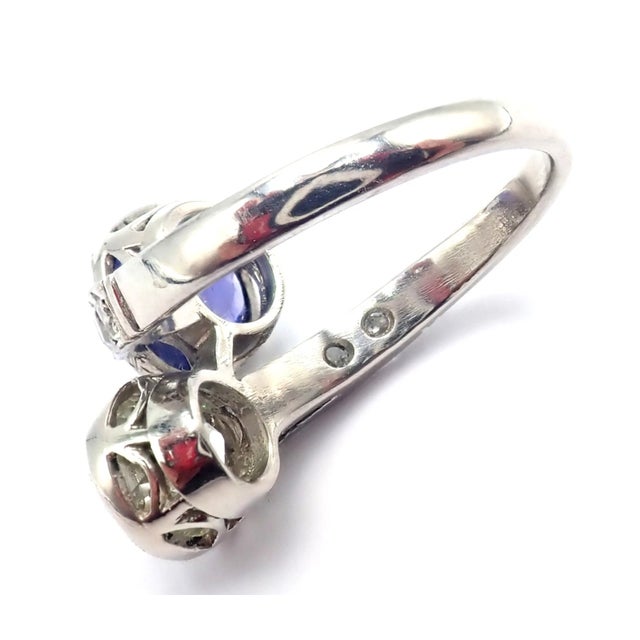 Metal Vintage Estate Platinum Diamond Sapphire Art Deco Crossover Ring, Size 6.5 For Sale - Image 7 of 10