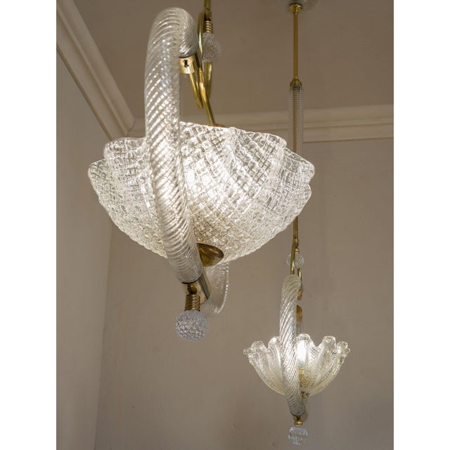 Murano Blown Glass and Brass Pendant Lights by Ercole Barovier for Barovier & Toso, 1930s, Set of 2 For Sale - Image 9 of 16