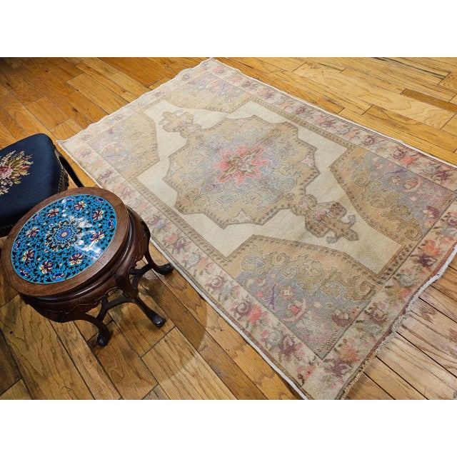 Brown Vintage Turkish Oushak Area Rug, Hand Knotted Wool, Ivory & Pink, 5' x 7' For Sale - Image 8 of 17