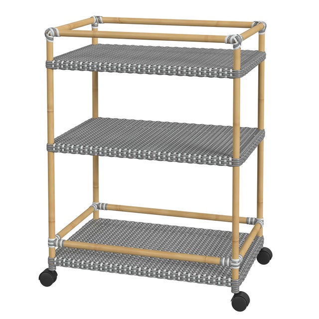Metal Tobias 24 in. W Outdoor Rattan and Metal 3 Tier Bar Cart, Gray/White Dot / Natural Rattan Frame For Sale - Image 7 of 7