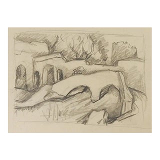 Vintage Rustic Stone Bridge Pencil Study Drawing For Sale