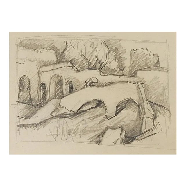Vintage Rustic Stone Bridge Pencil Study Drawing For Sale