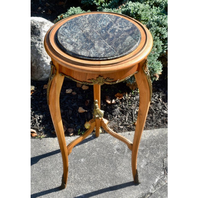 Marble Top Round Side Table Vintage French Style Green Ormolu Fruitwood Stand For Sale - Image 11 of 14