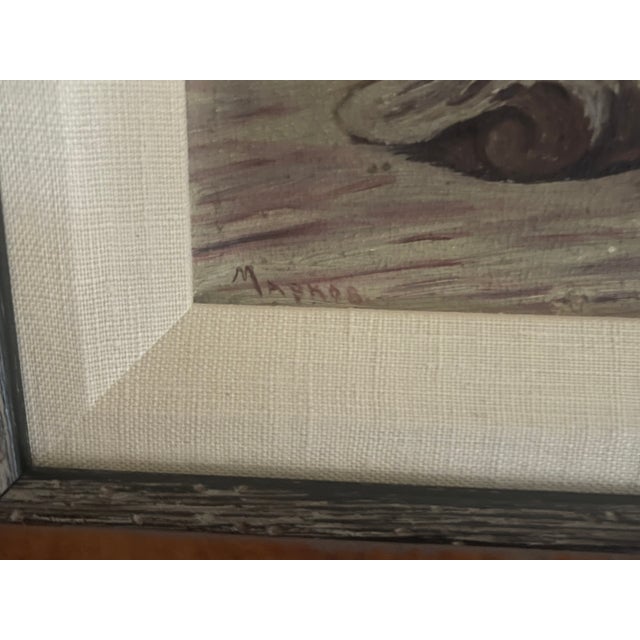 Wood 1920s Folk Art Turkish Cobbler (Köşker) Oil Painting & Larson Juhl Burl Wood Frame For Sale - Image 7 of 7