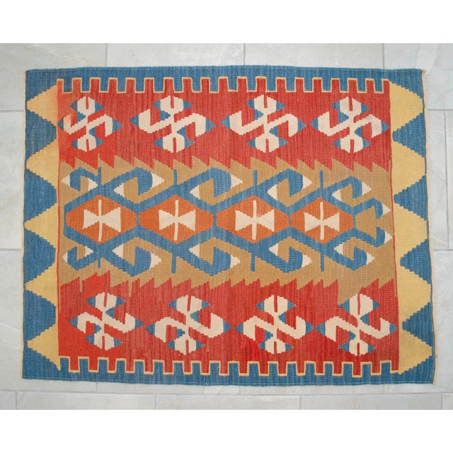 Flat Weave Kilim Rug, Vintage Oushak Rug Village Wool, Red Gold Blue Geometric, 3x4 Ft Approx For Sale - Image 16 of 16