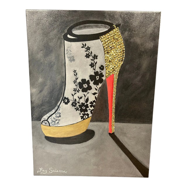 Limited Edition Hand Embellished Giclee Print on Canvas of Louboutin Shoe For Sale