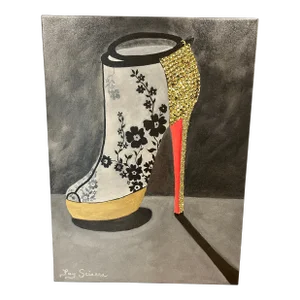 Limited Edition Hand Embellished Giclee Print on Canvas of Louboutin Shoe