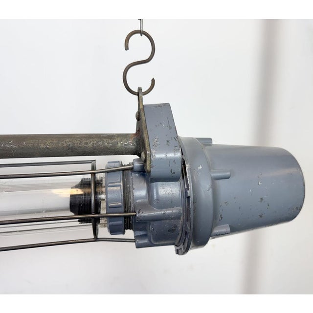 Large Soviet Industrial Grey Hanging Tube Light, 1970s For Sale - Image 4 of 18