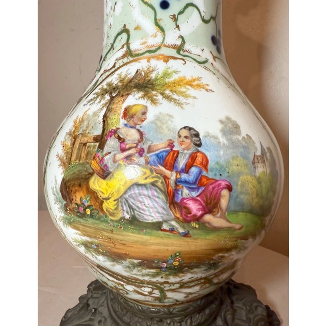 Huge 1800s Antique Ornate French Hand Painted Porcelain Bronze Kerosine Oil Lamp For Sale In New York - Image 6 of 18