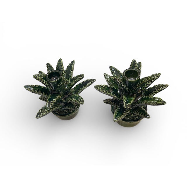 Contemporary Moroccan Hand-Glazed Ceramic Succulent Taper Holders – Pair For Sale In West Palm - Image 6 of 12