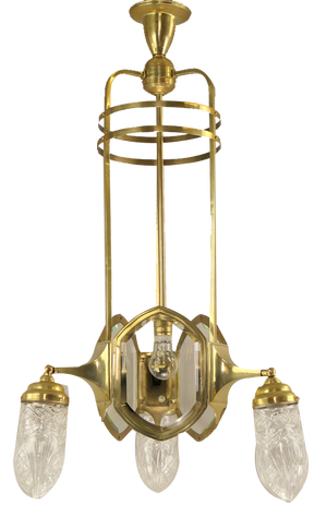Art Deco Brass Chandelier with Lead Crystal Shades, 1920s
