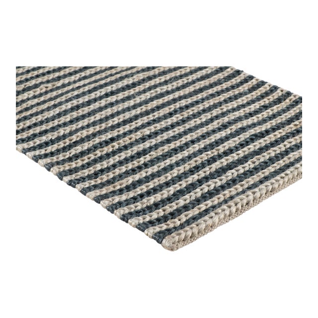 Part & Parcel Goods Jute Braid Rug, 10'x14', Navy and Sky Blue Stripe For Sale