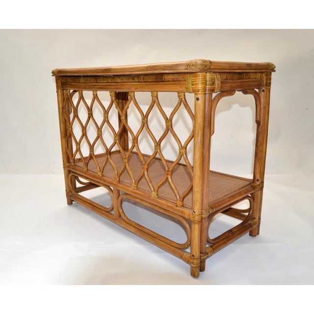 Boho Chic Bent Bamboo & Cane Handwoven Top Dry Bar Console Table Wine Rack 70 For Sale In Miami - Image 6 of 13
