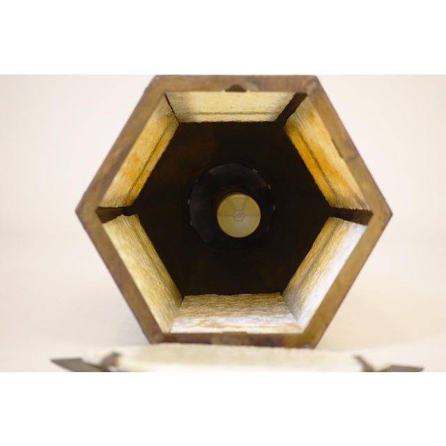 1910s Arts & Crafts Copper Iron Stained Glass Mission Hexagon Chimney Lantern Hanging Lamp 1910's For Sale - Image 14 of 14