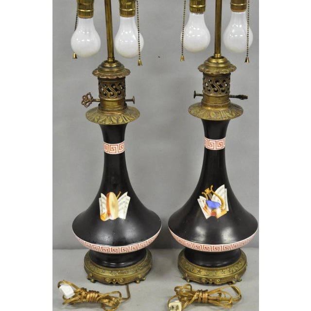 Antique French Neoclassical Bronze & Black Porcelain Painted Table Lamps - Pair For Sale - Image 9 of 15