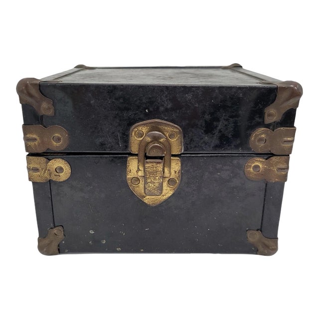 Vintage Small Art Deco Black Metal Storage Box For Sale